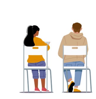 Female student and male students sitting at desks.