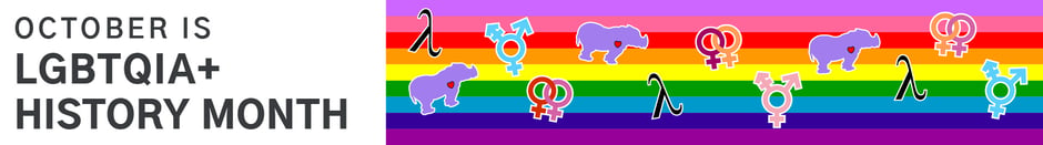 October is LGBTQIA+ History Month. The original eight-color 1978 Pride flag with the following icons: Lambda, Lavender Rhinoceros, Double Venus, and Transgender symbol.