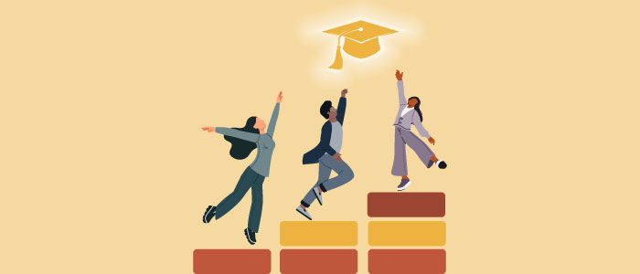 An illustration of 3 students of varying heights standing on platforms boosting each of them to the same height as they reach for a graduation cap.
