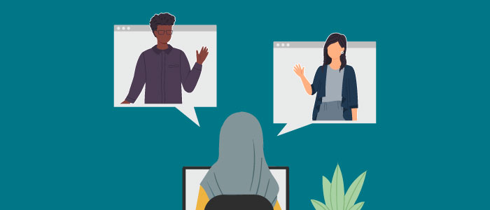 An illustration of a person engaging with two people on the computer.