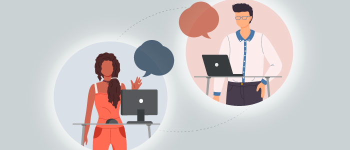 An illustration of two people conversing via virtual video and audio on their computers.